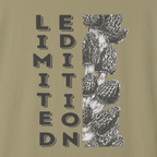 Close-up of stacked morel illustration with vertical lettering on garment-dyed khaki tee