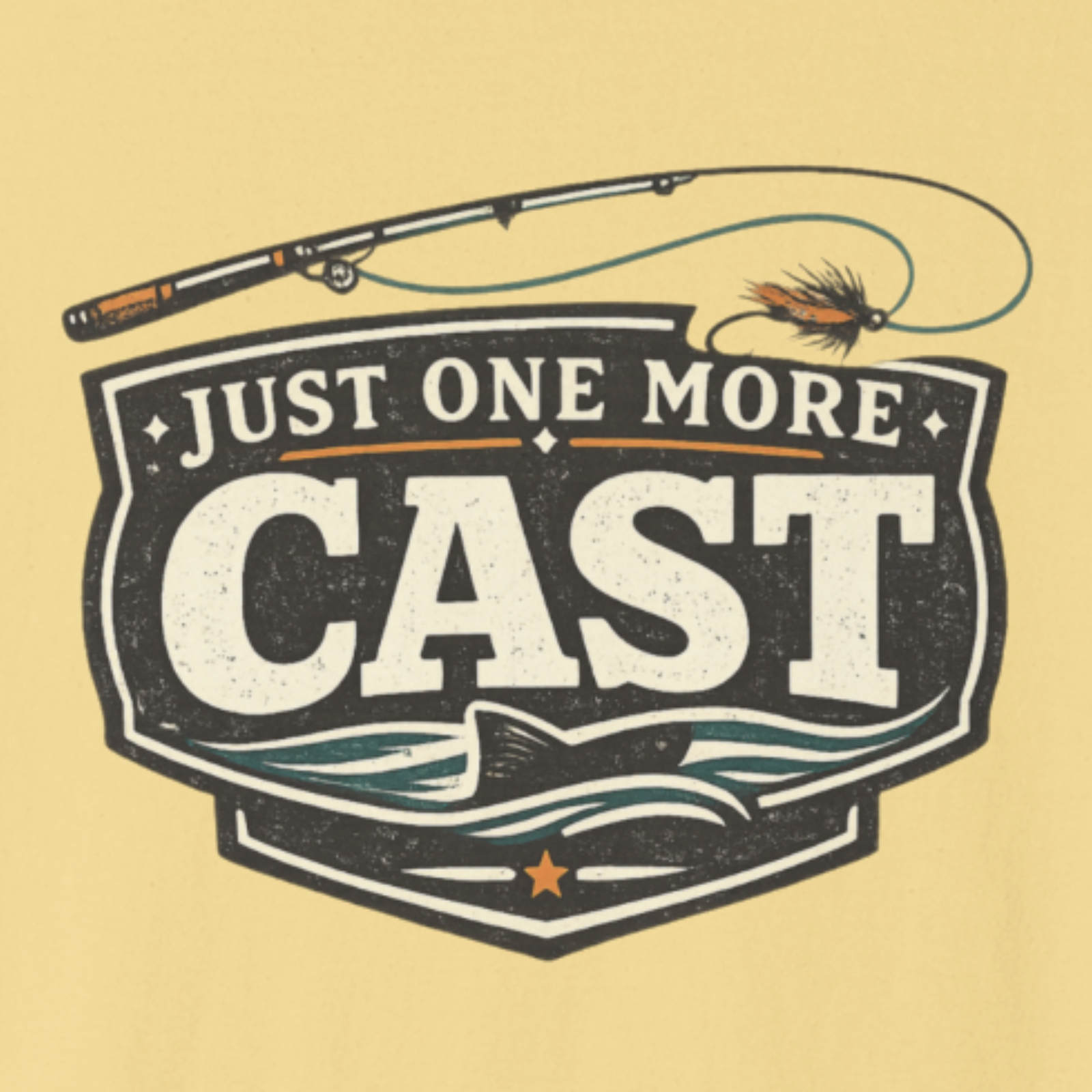 Vintage “Just One More Cast” fishing badge graphic t-shirt in a relaxed outdoor angler style