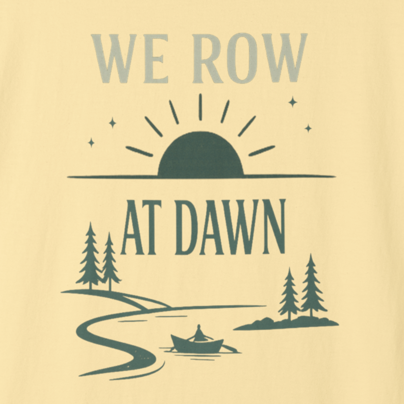 Close-up of We Row At Dawn sunrise-and-river design on t-shirt.