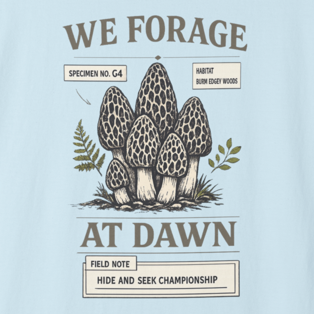 Close-up of We Forage at Dawn morel mushroom illustration and text.