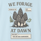 Close-up of We Forage at Dawn morel mushroom illustration and text.