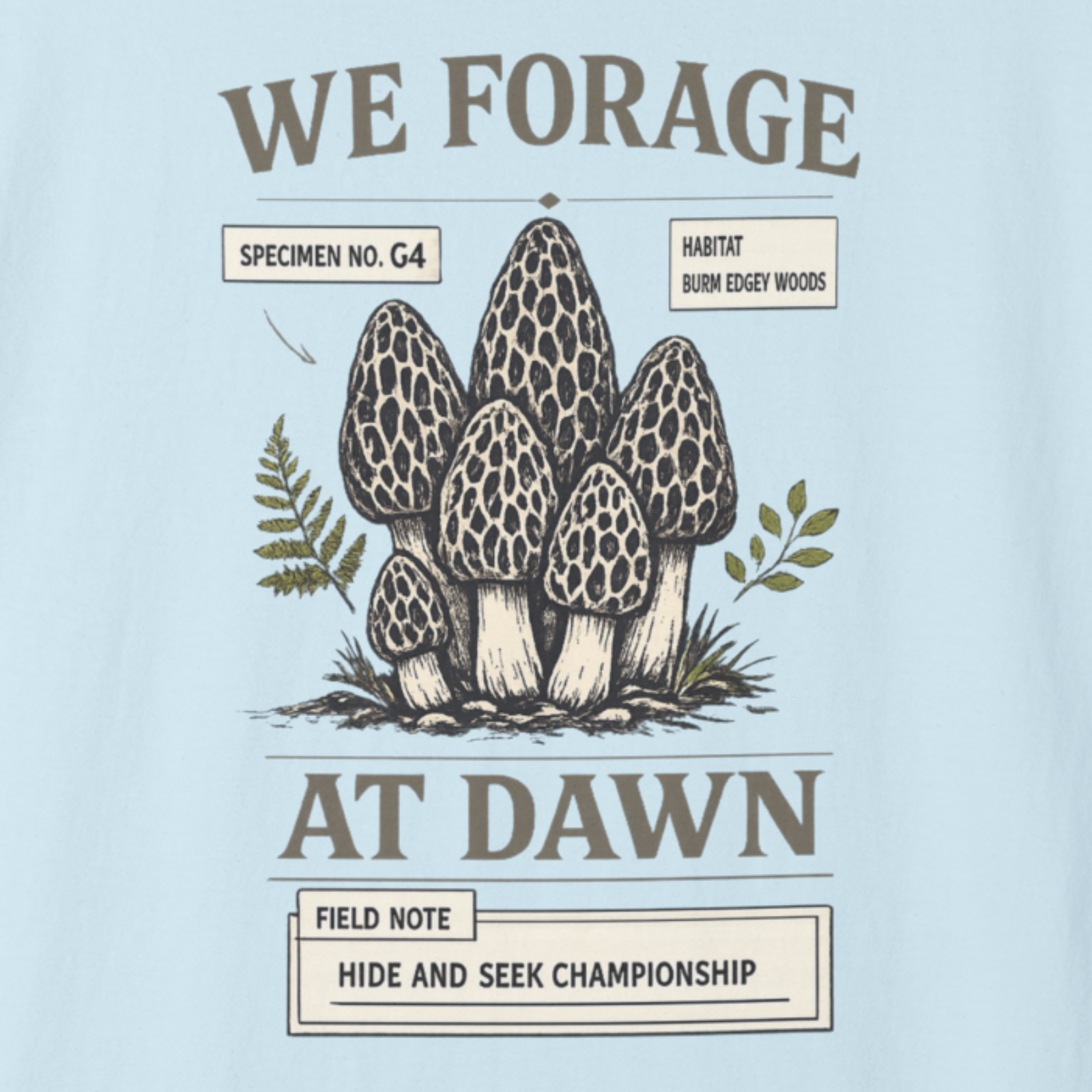 Close-up of We Forage at Dawn morel mushroom illustration and text.