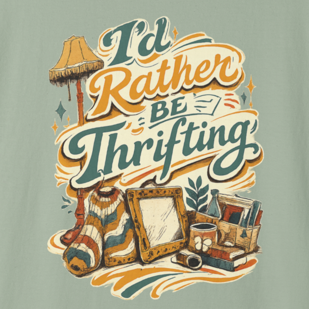 Graphic t-shirt design with 'I'd Rather Be Thrifting' text and thrift store items on a light green background.
