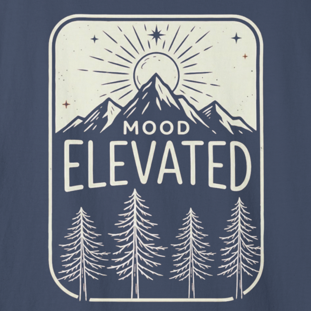 Close-up of Mood Elevated mountain sunrise line art artwork.