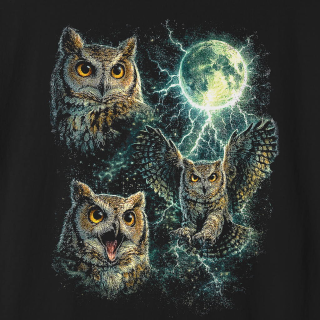 Owl spirit graphic t-shirt with glowing full moon wildlife art