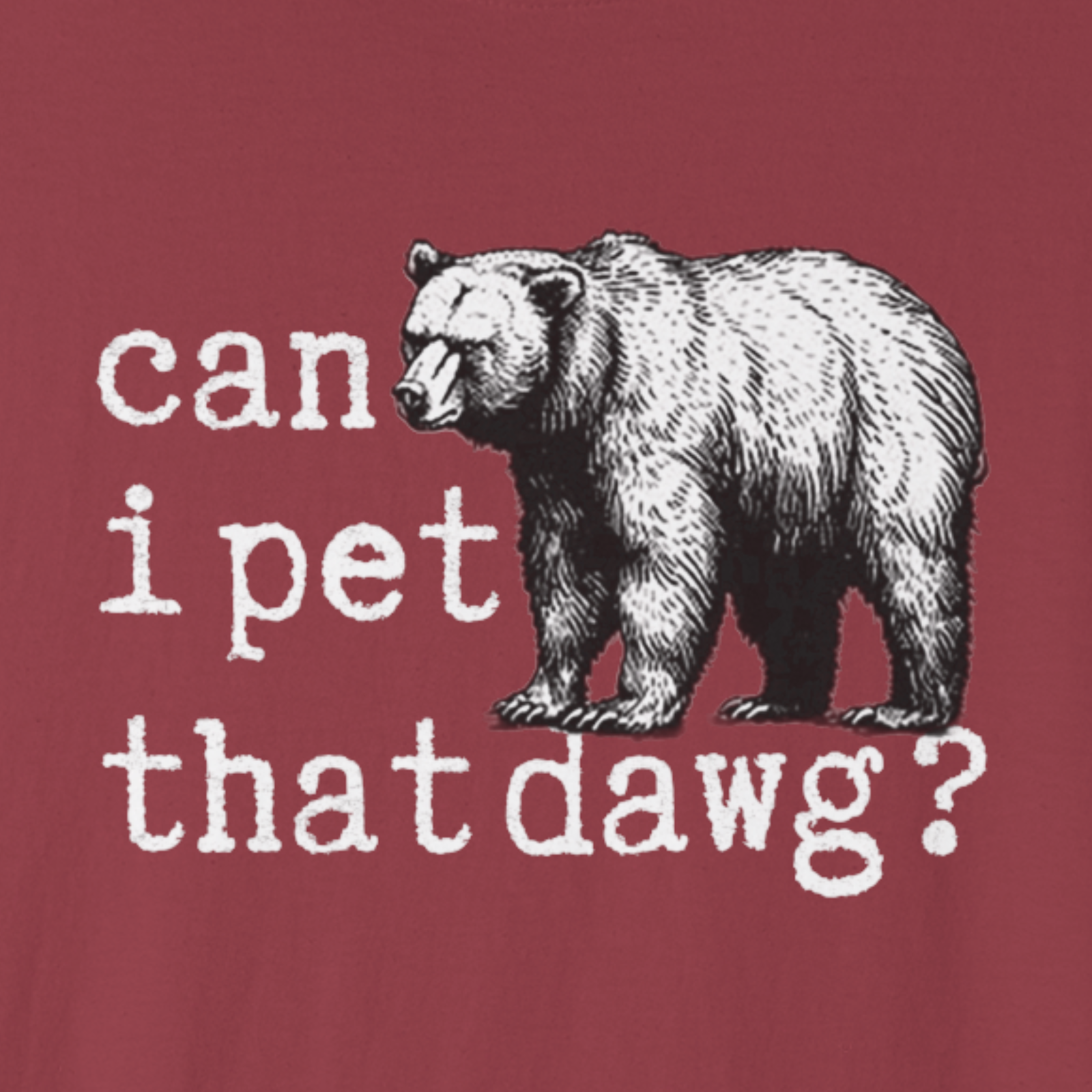 Close-up of bear illustration with “can i pet that dawg?” quote