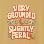 Close-up of Very Grounded Slightly Feral groovy lettering with moons and daisies.