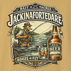 Vintage-style label with a fisherman, beer bottle, and glass on a beige background