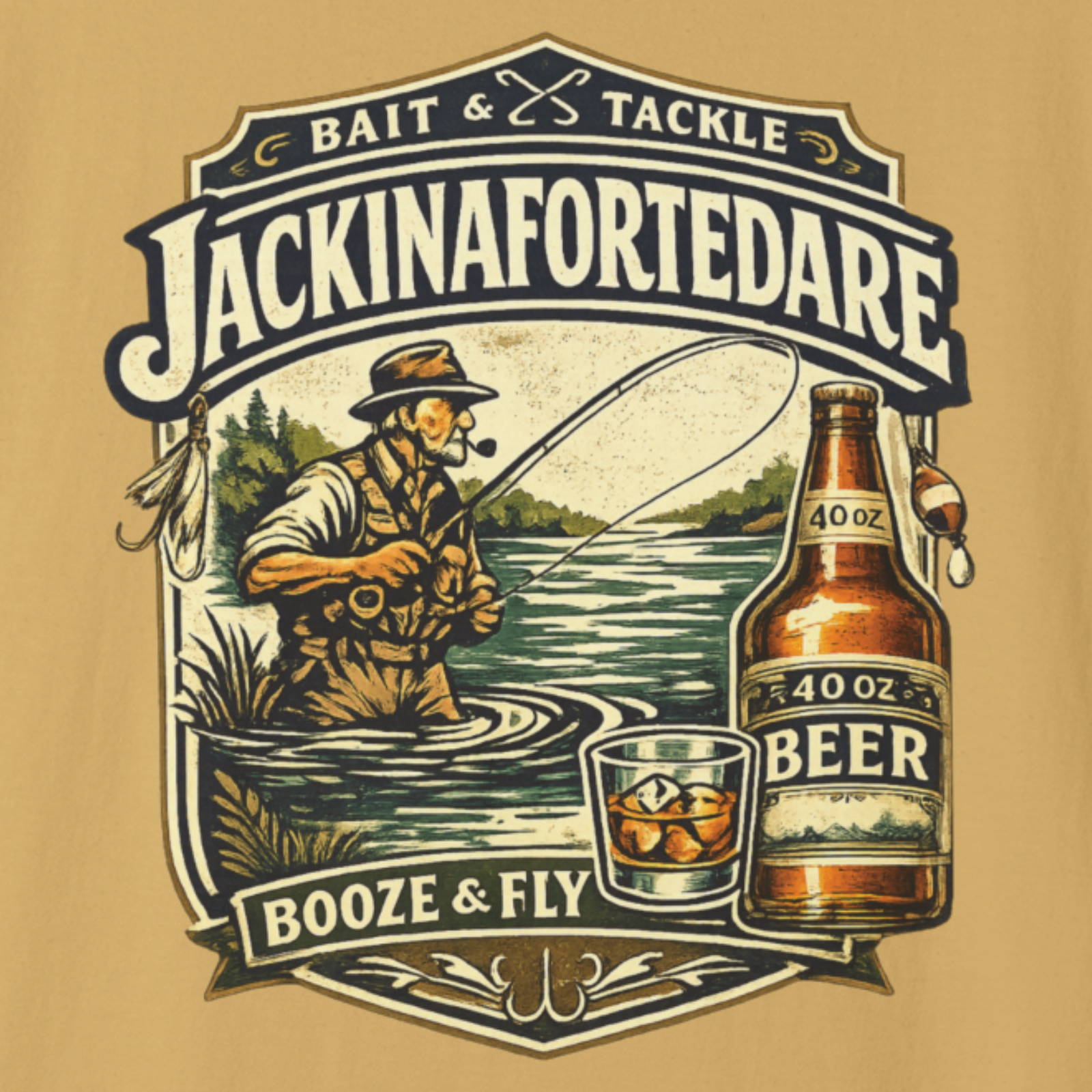 Vintage-style label with a fisherman, beer bottle, and glass on a beige background