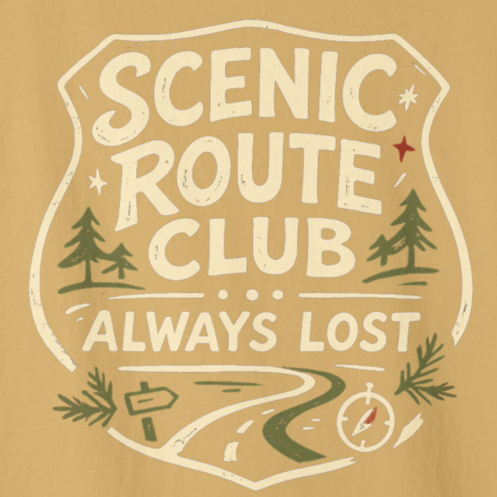 Close-up of Scenic Route Club Always Lost design with winding road and compass accents.