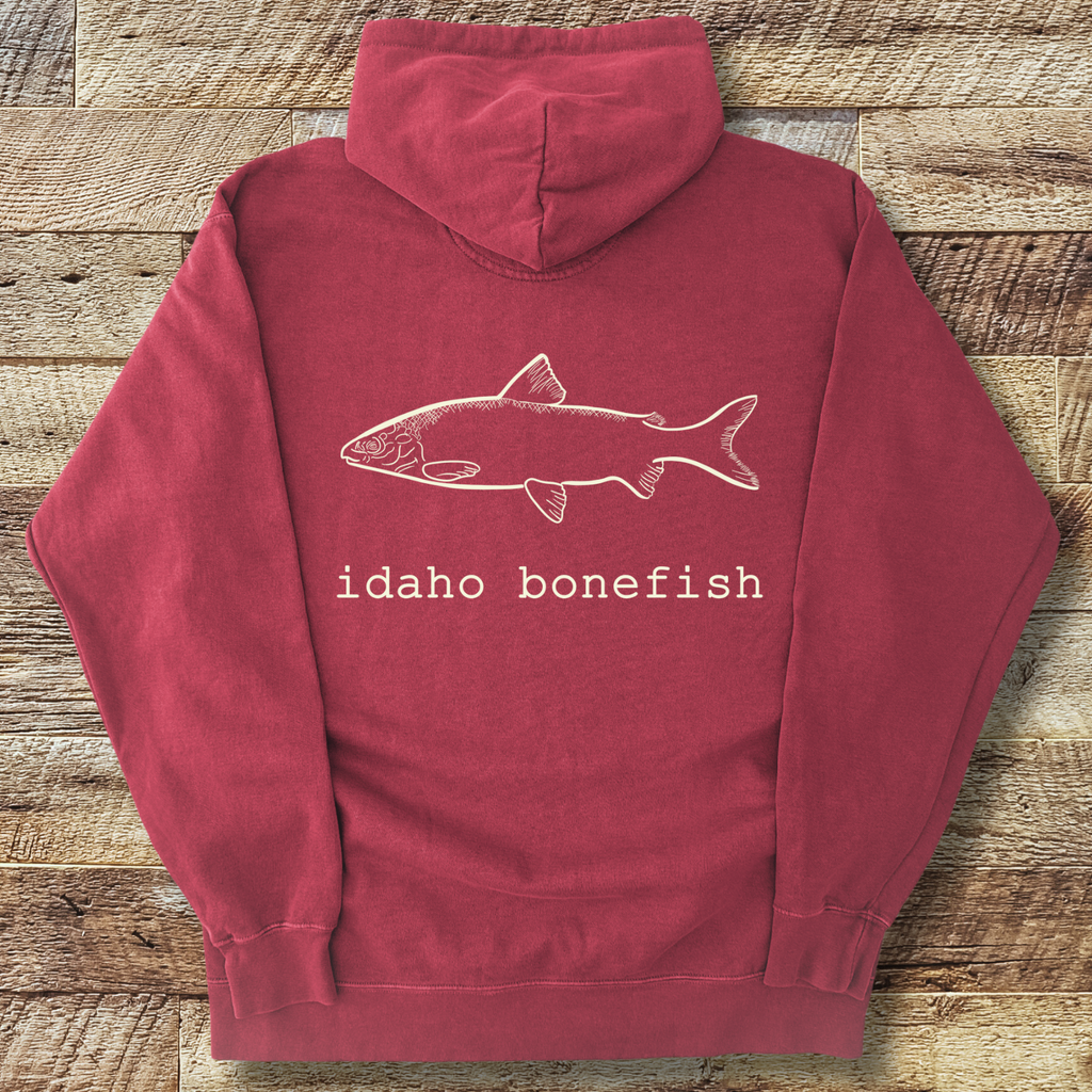 Bonefish Hoodie Back Print – Idaho Whitefish Joke Fly Fishing Pullover