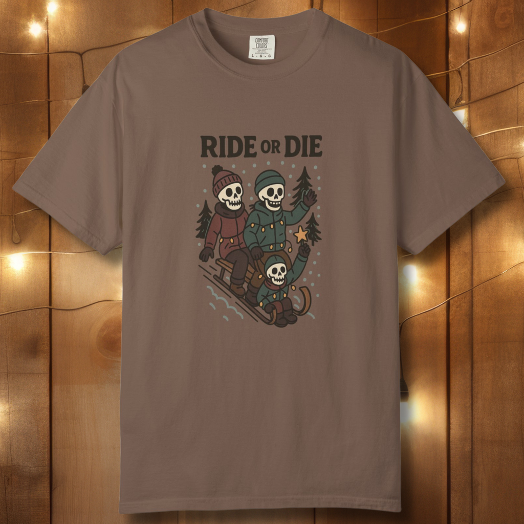 Ride or Die Skeleton Sledding Crew T-Shirt — Vintage Family Snow Day Tee