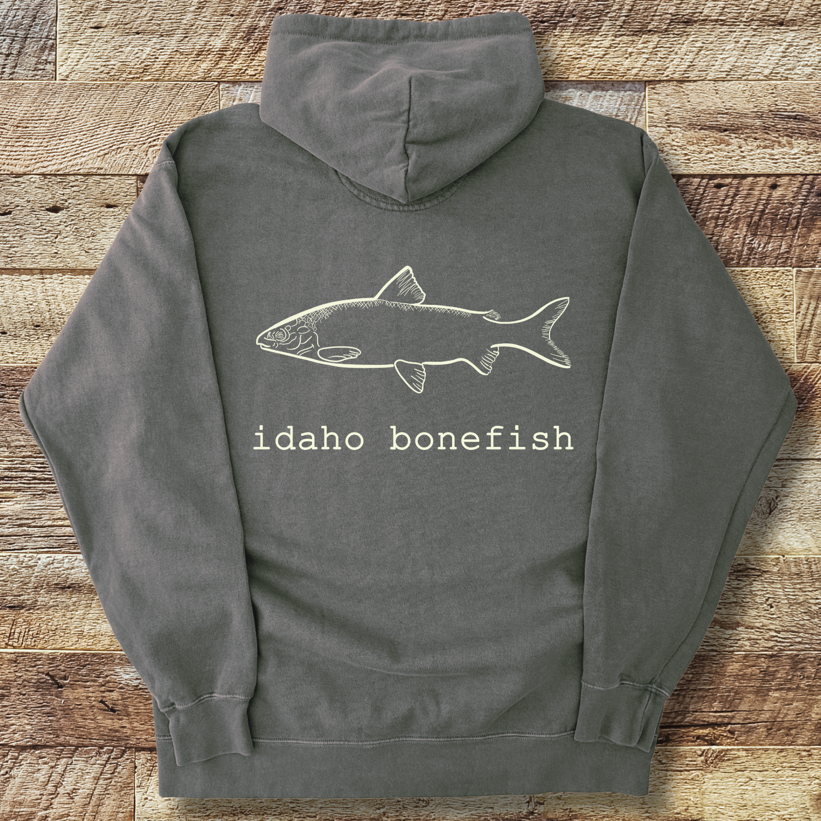 Bonefish Hoodie Back Print – Idaho Whitefish Joke Fly Fishing Pullover