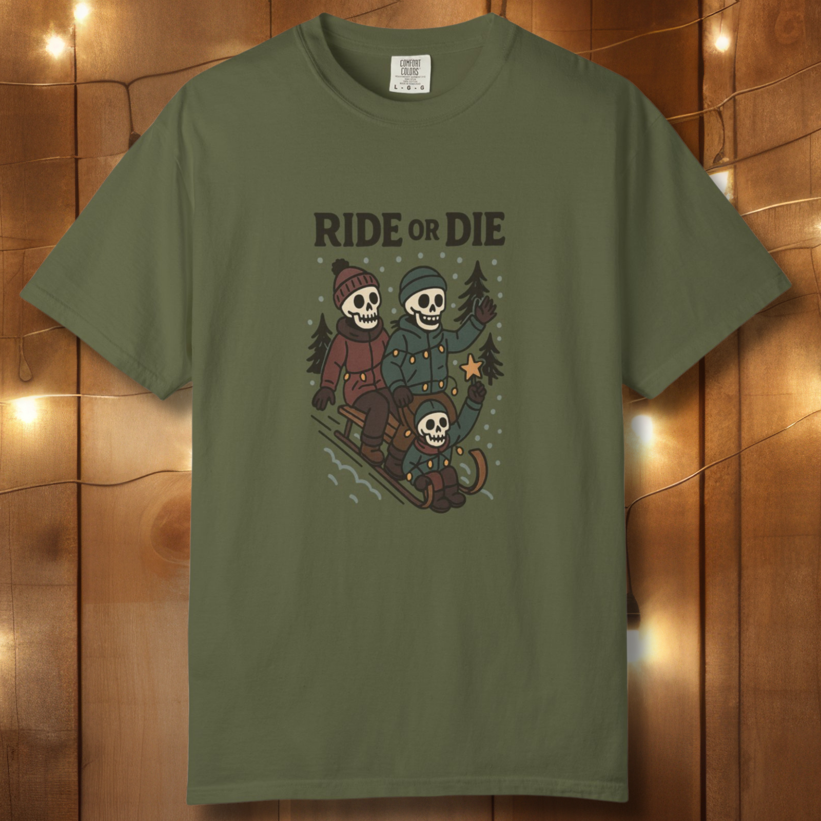 Ride or Die Skeleton Sledding Crew T-Shirt — Vintage Family Snow Day Tee