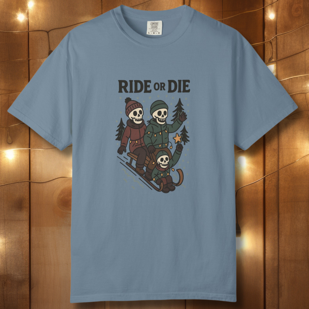 Ride or Die Skeleton Sledding Crew T-Shirt — Vintage Family Snow Day Tee
