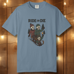 Ride or Die Skeleton Sledding Crew T-Shirt — Vintage Family Snow Day Tee