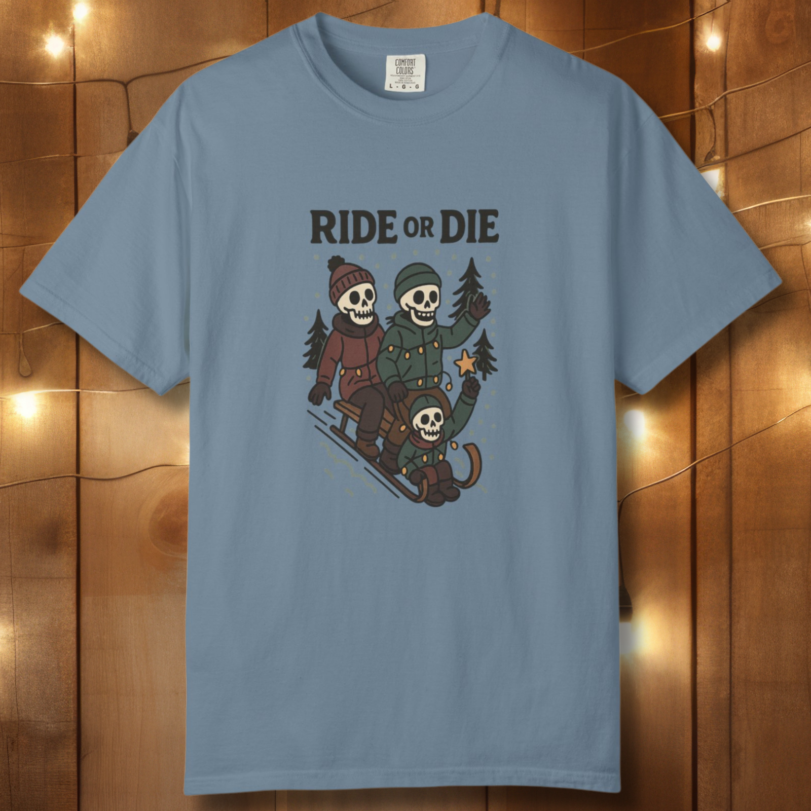 Ride or Die Skeleton Sledding Crew T-Shirt — Vintage Family Snow Day Tee
