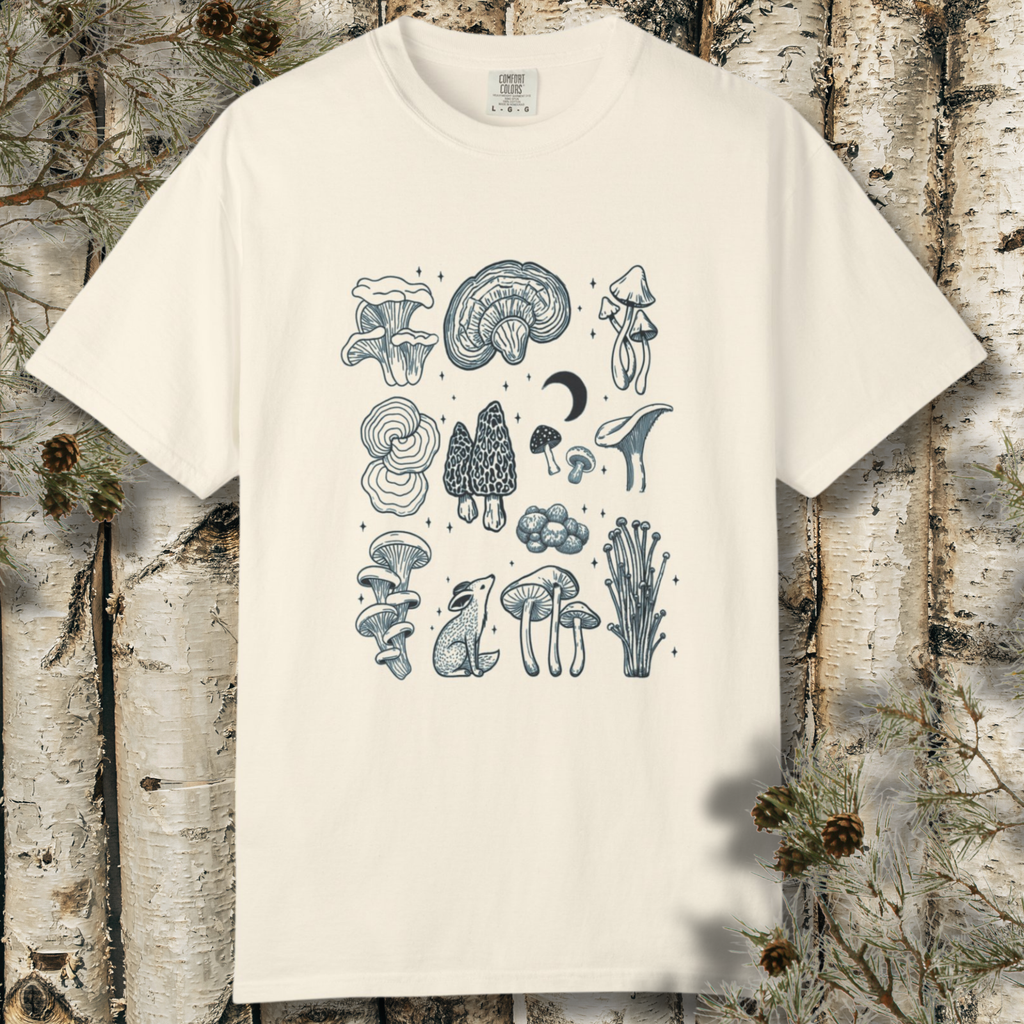 Vintage tattoo style mushroom and fox graphic on garment-dyed t-shirt