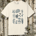 Vintage tattoo style mushroom and fox graphic on garment-dyed t-shirt
