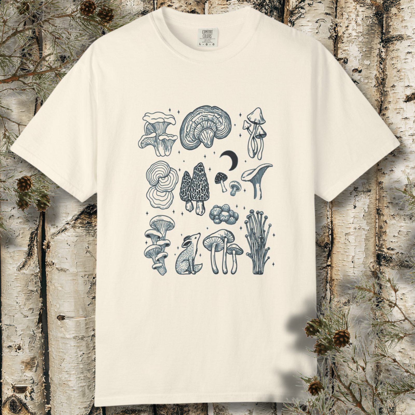 Vintage tattoo style mushroom and fox graphic on garment-dyed t-shirt