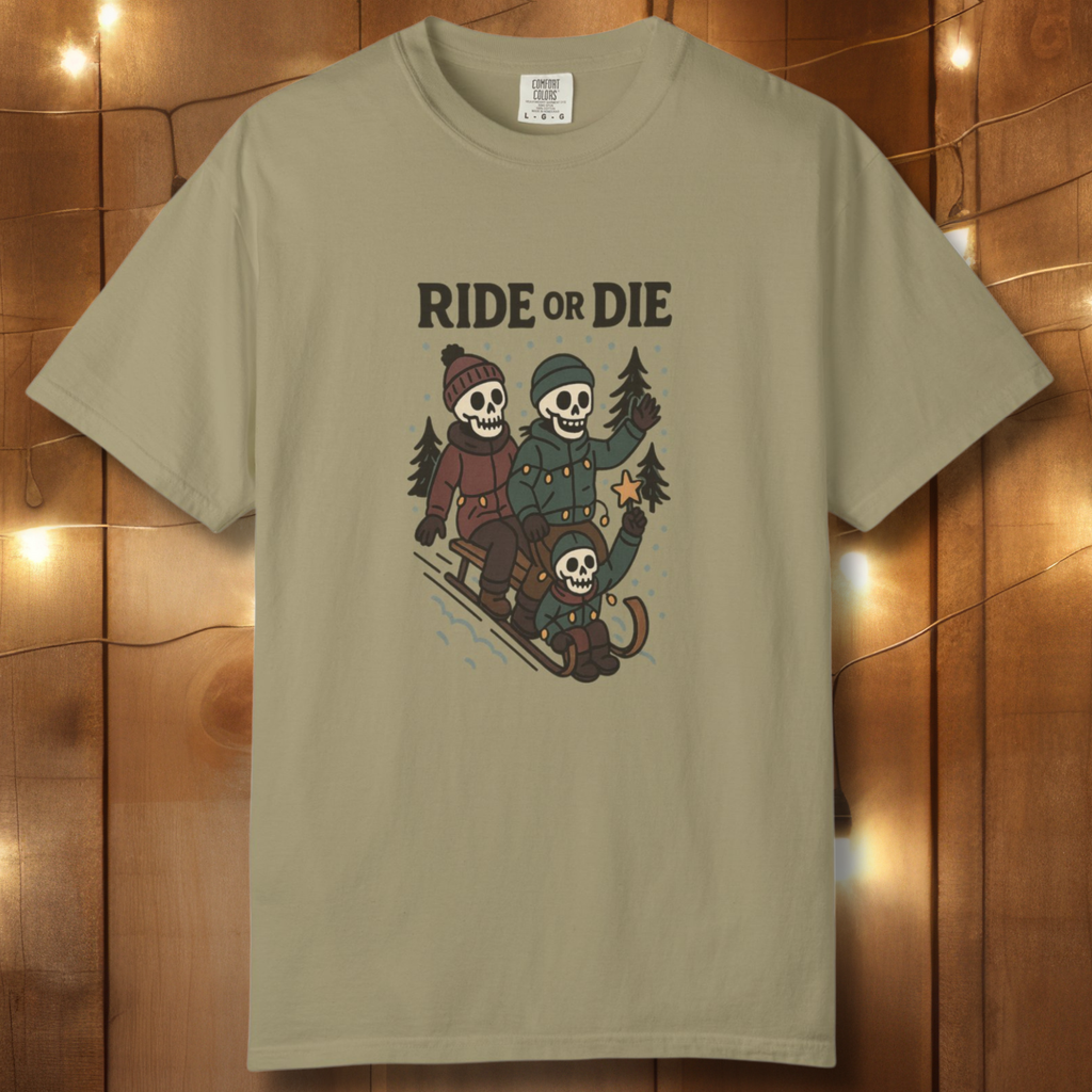 Ride or Die Skeleton Sledding Crew T-Shirt — Vintage Family Snow Day Tee