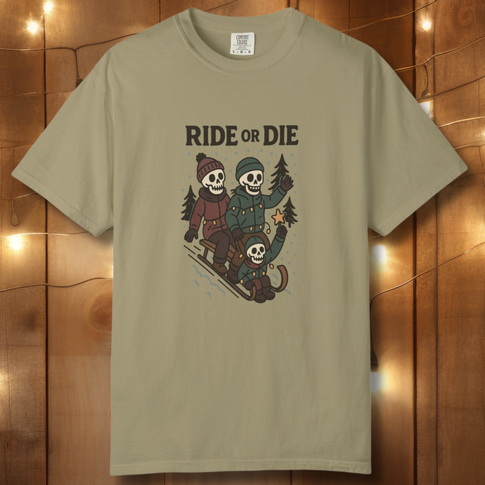Ride or Die Skeleton Sledding Crew T-Shirt — Vintage Family Snow Day Tee