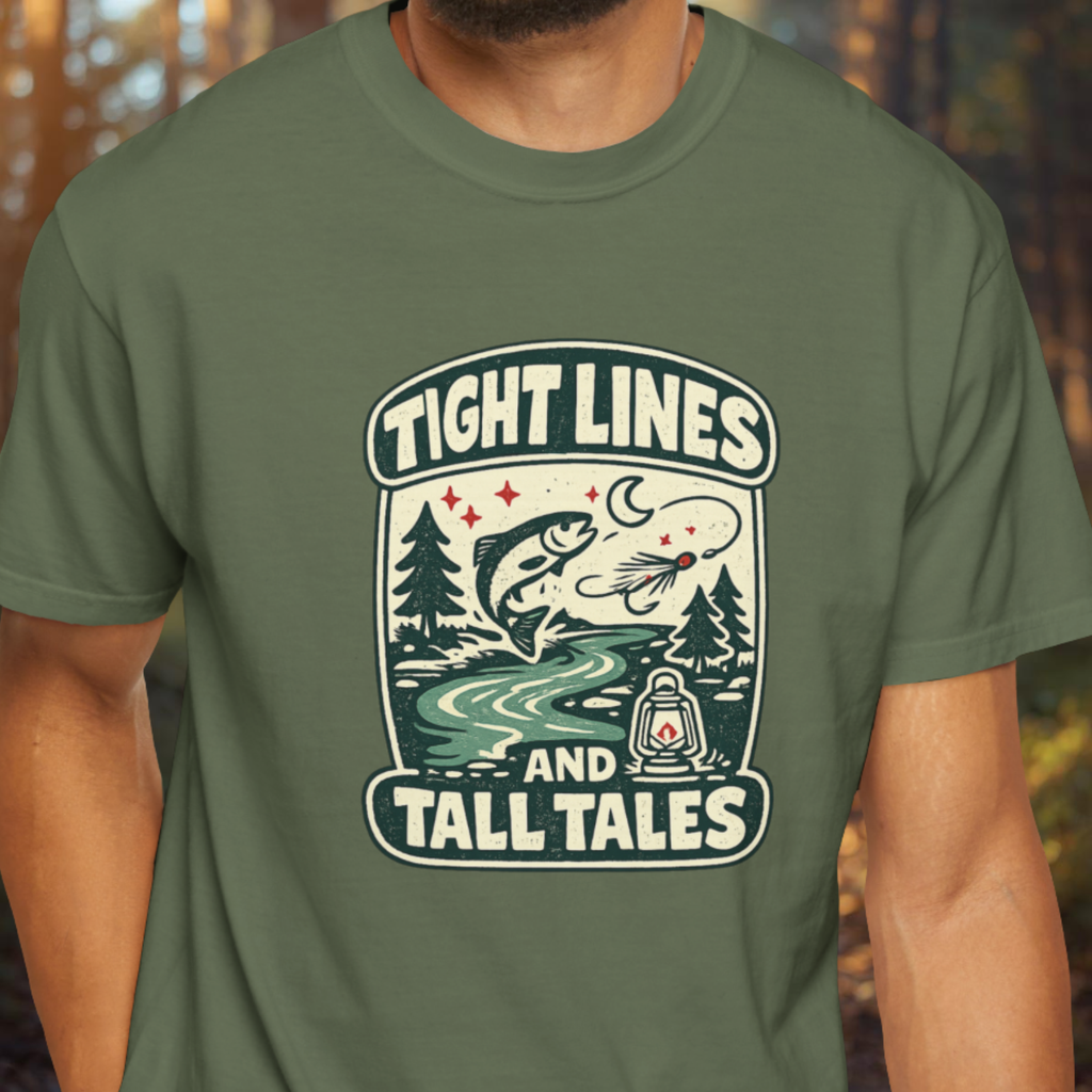 Green t-shirt with fishing graphic and text 'Tight Lines and Tall Tales' worn by a person.