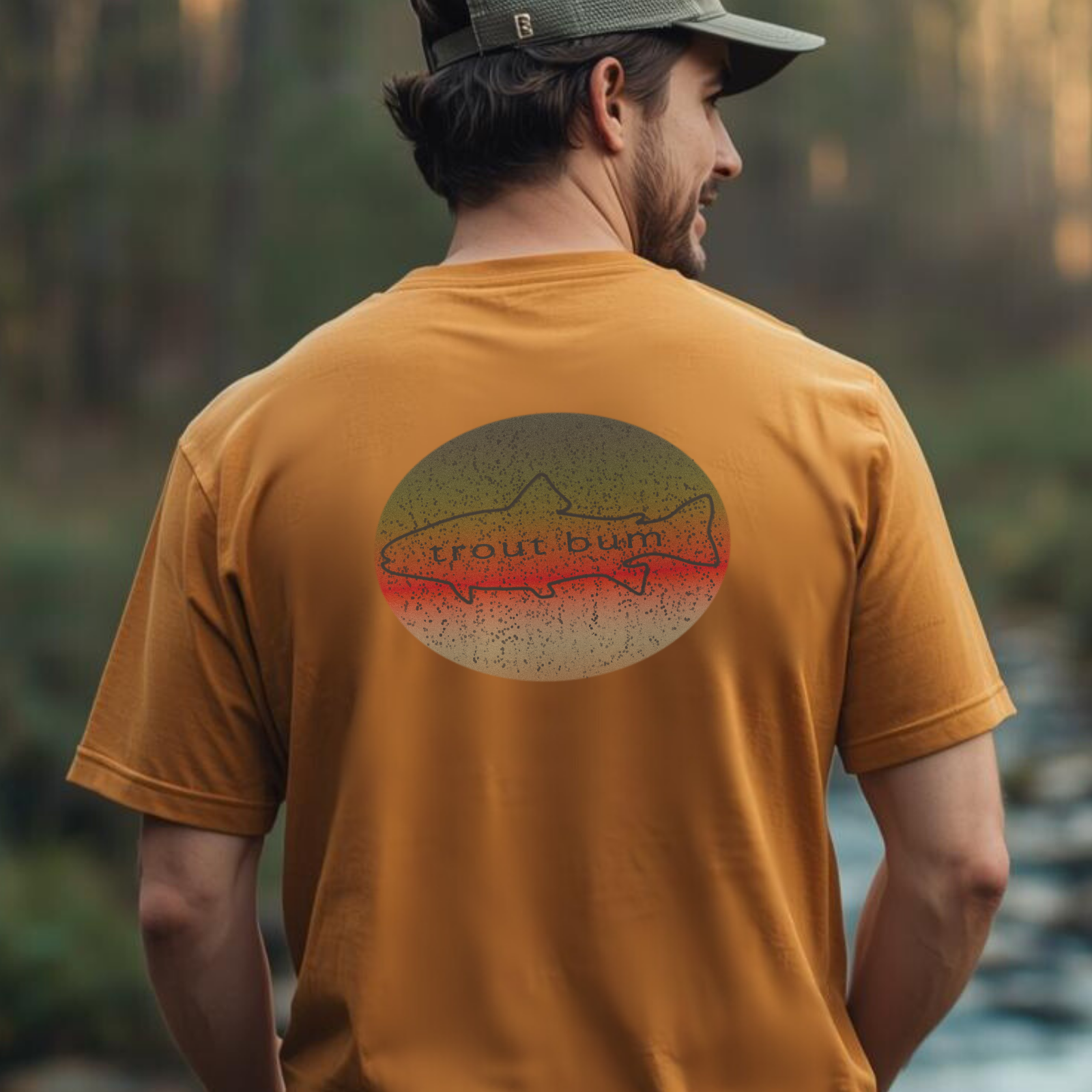 Man standing beside a river wearing a mustard yellow “trout bum” graphic t-shirt with rainbow trout illustration on the back