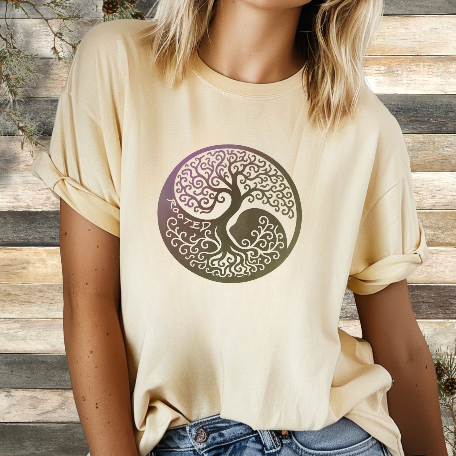 Woman wearing rooted yin yang tree graphic tee