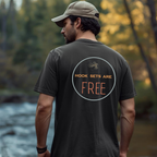 Man wearing a t-shirt with 'HOOK SETS ARE FREE' text in a natural setting