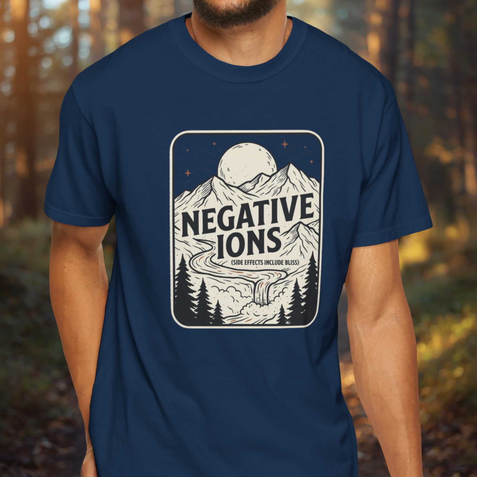 Model wearing Negative Ions (Side Effects Include Bliss) funny nature therapy graphic tee.