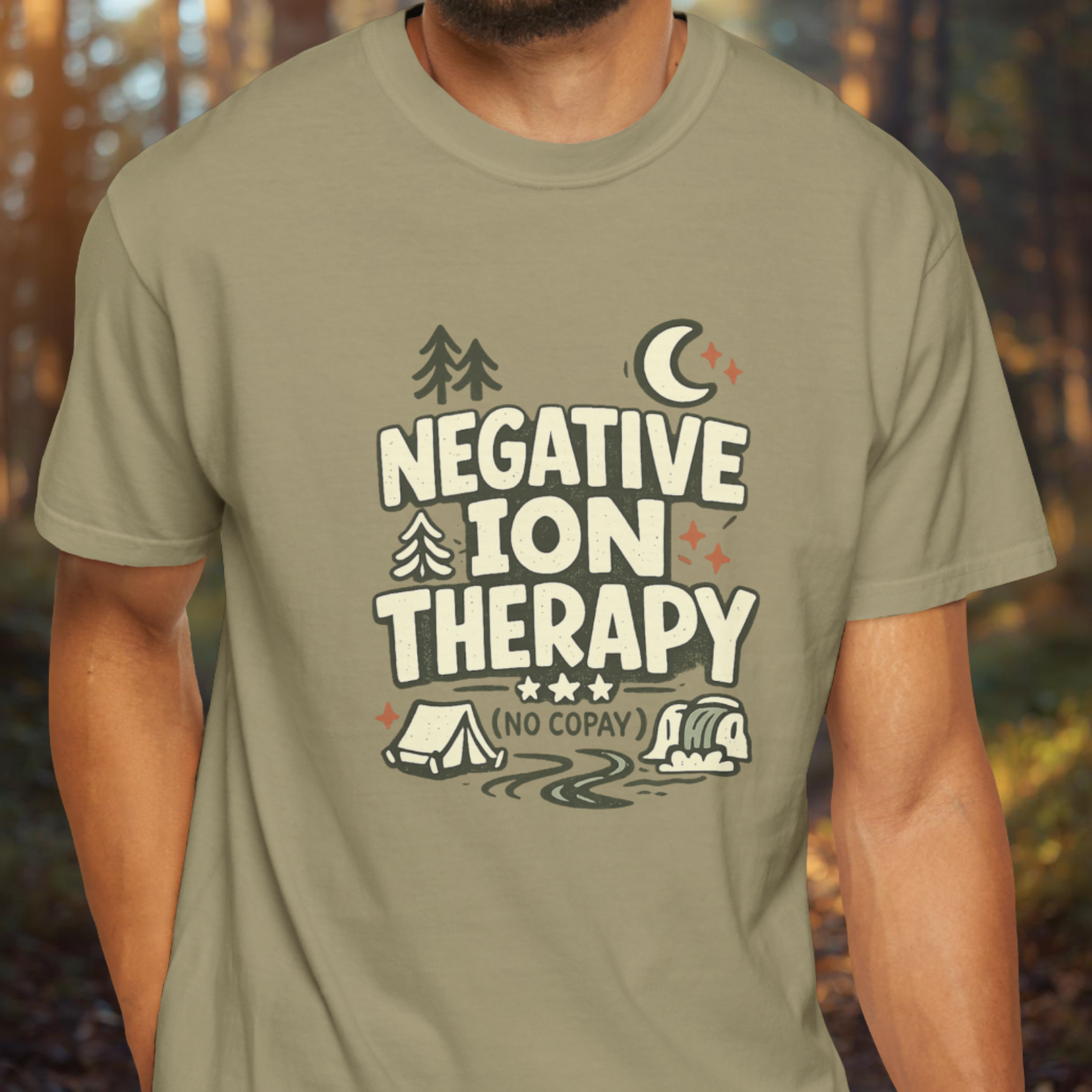 Model wearing Negative Ion Therapy (No Copay) camping graphic tee.