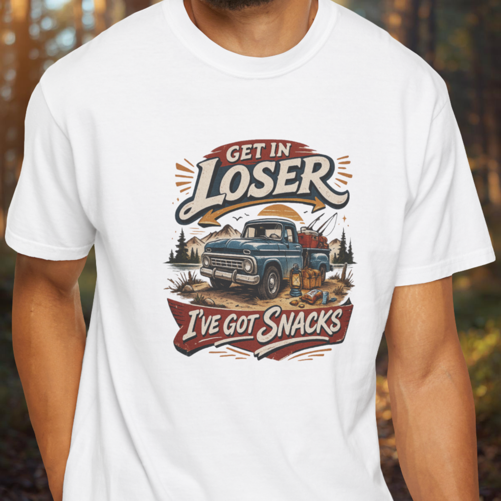 White t-shirt with a graphic design featuring a truck and text, worn by a person.