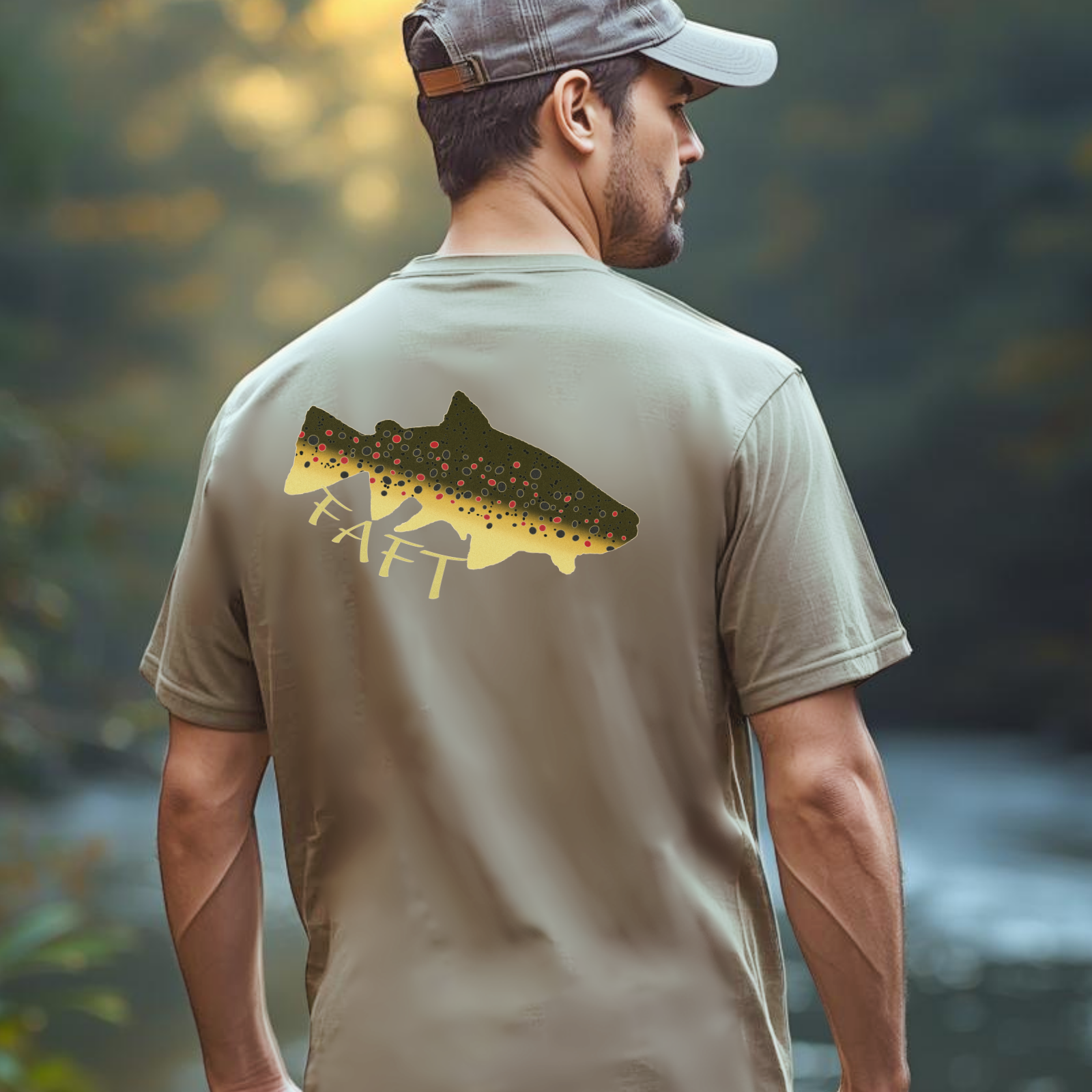 Fisher wearing vintage brown trout back print FAFT tee
