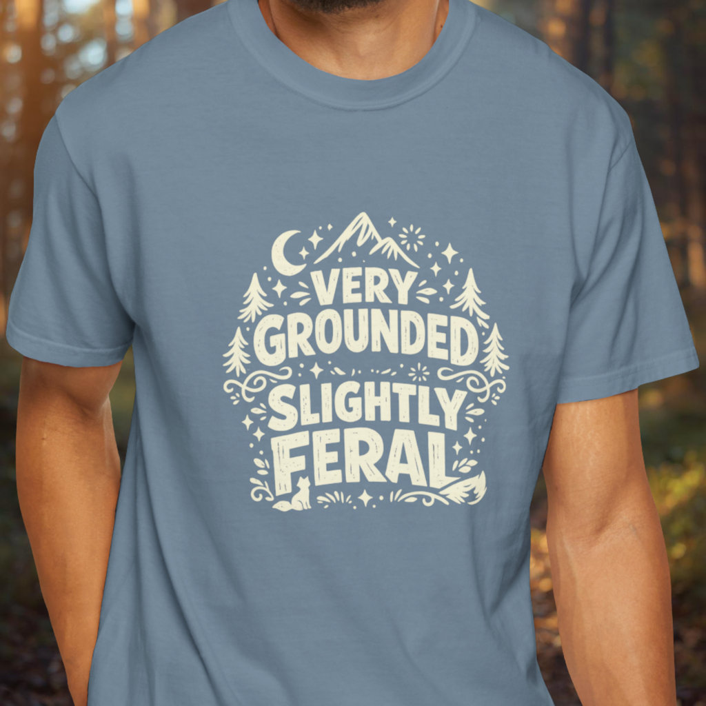 Model wearing Very Grounded Slightly Feral funny nature slogan tee.