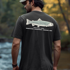Man wearing Cutthroat Topography trout graphic t-shirt outdoors, showing the large back print