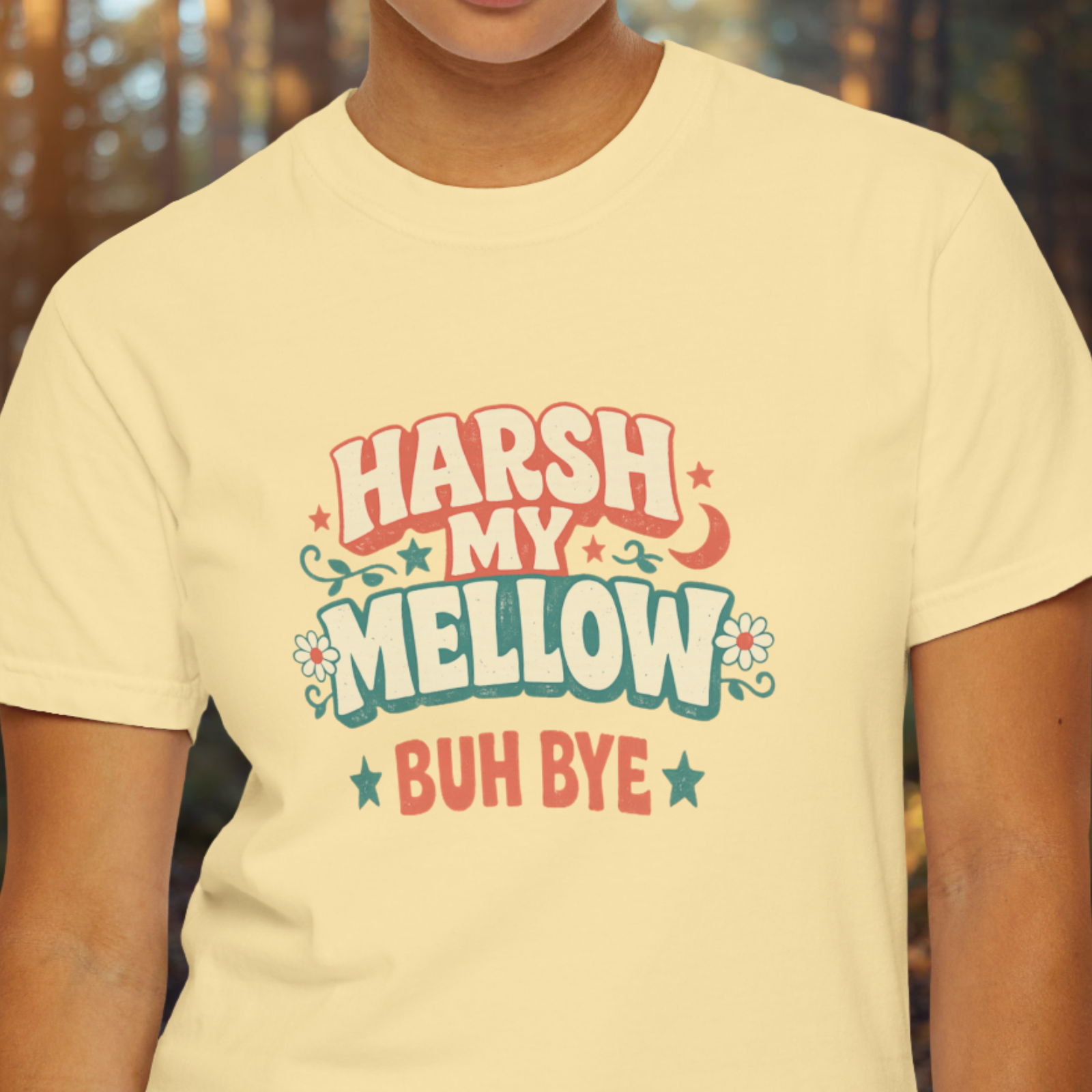 Model wearing Harsh My Mellow Buh Bye funny retro floral graphic tee.