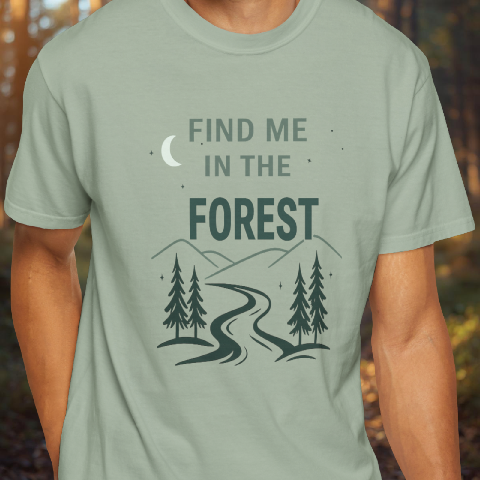 Model wearing Find Me In The Forest nature tee with simple outdoor line art