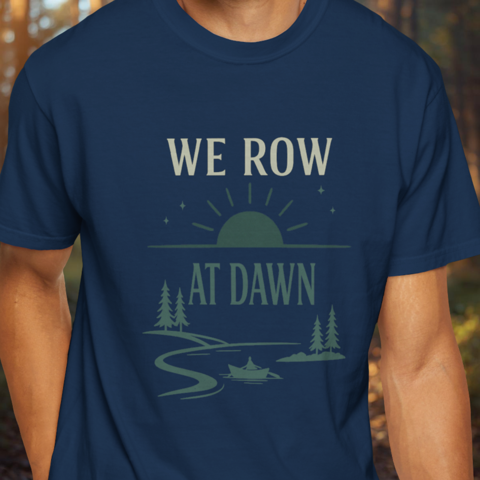 Model wearing We Row At Dawn vintage river run graphic navy tee.
