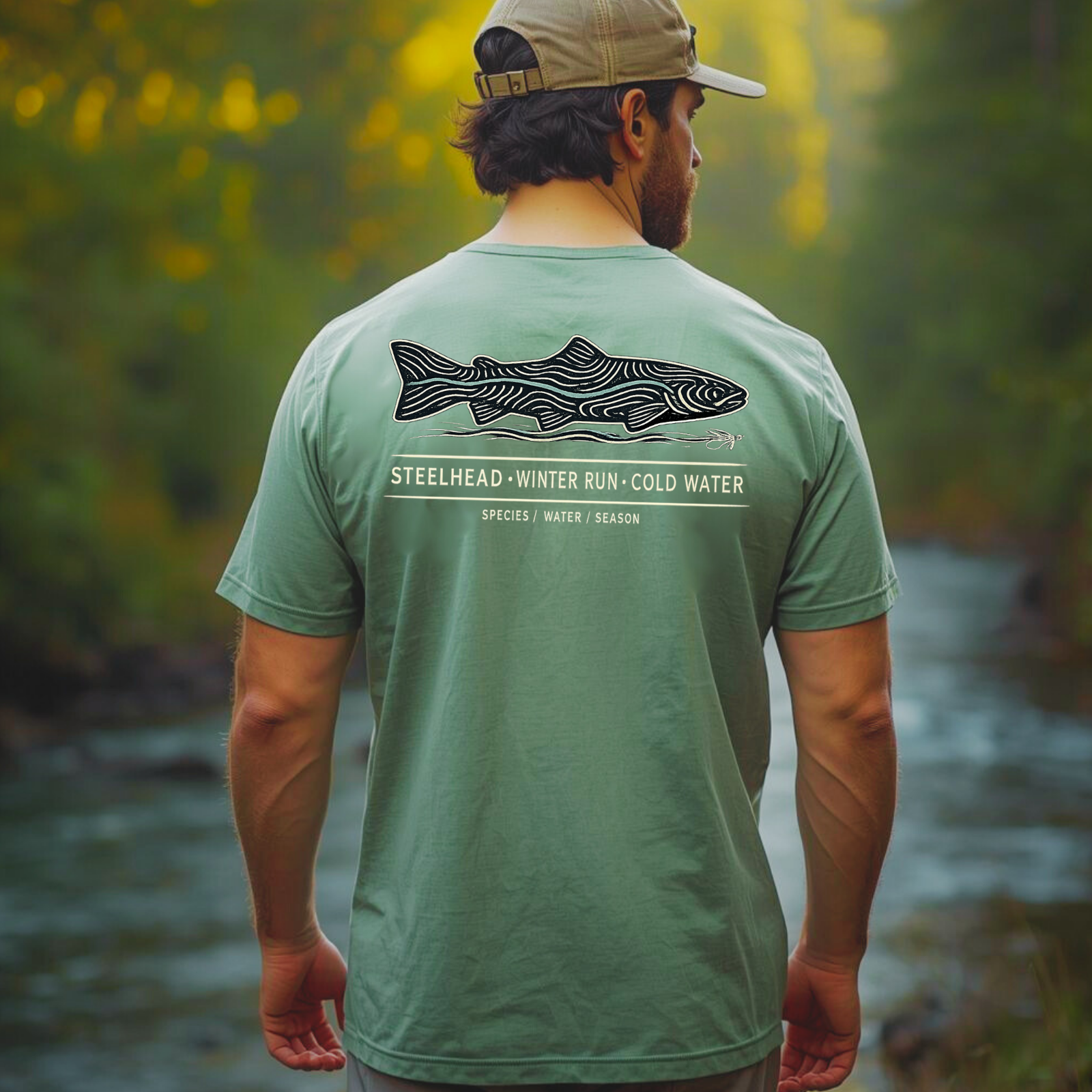 Man wearing a light green garment-dyed steelhead fishing t-shirt with winter-run fish graphic, standing outdoors near the river.