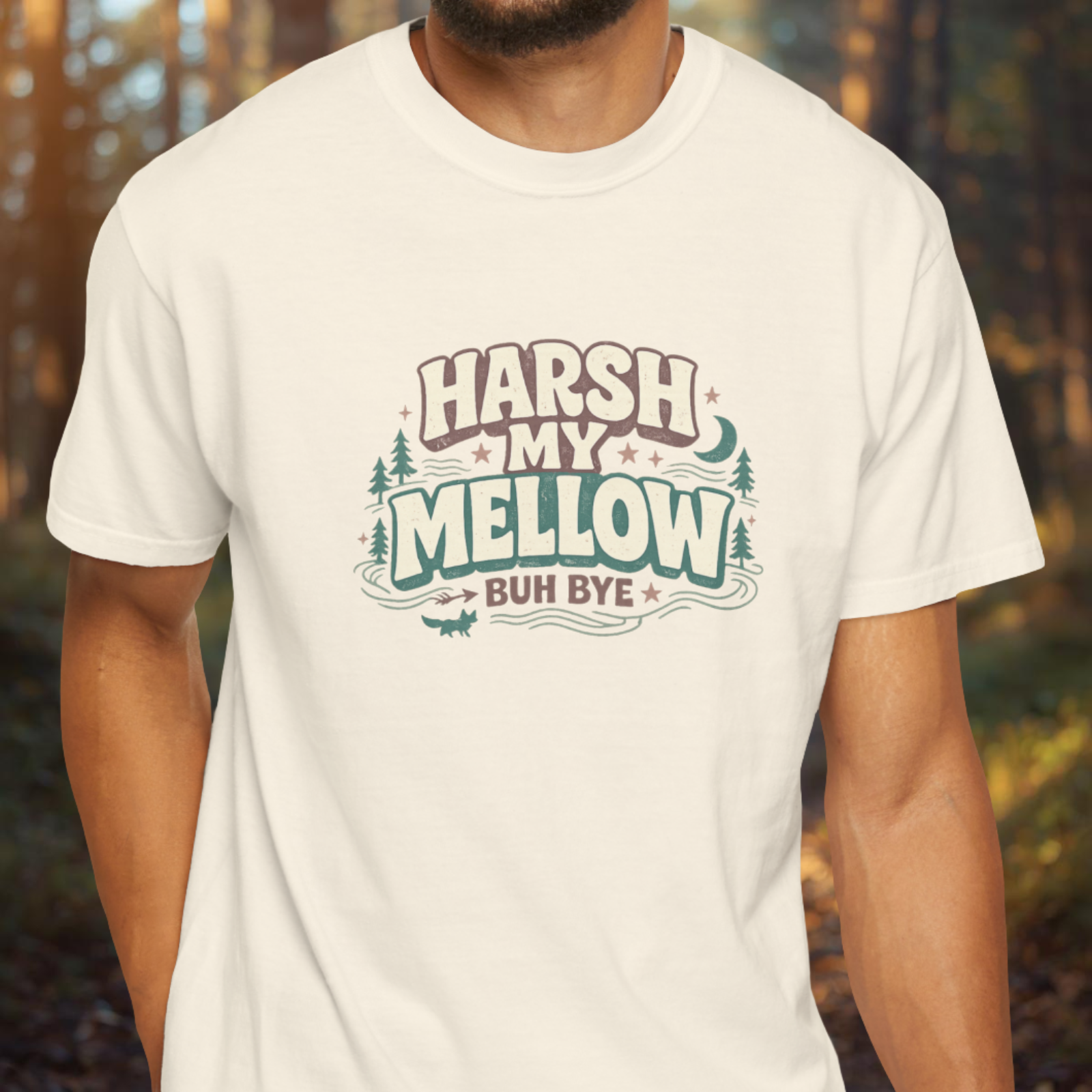 Model wearing Harsh My Mellow Buh Bye funny retro chill vibes t-shirt.