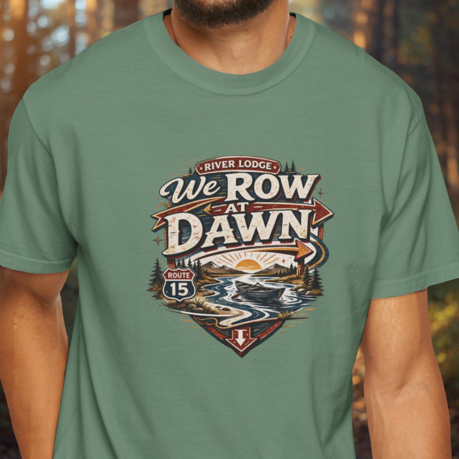 Model wearing We Row At Dawn fly fishing shirt with retro drift boat style print.