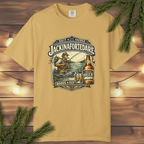 Mustard t-shirt with 'Jackinafortedare' beer graphic on a wooden background