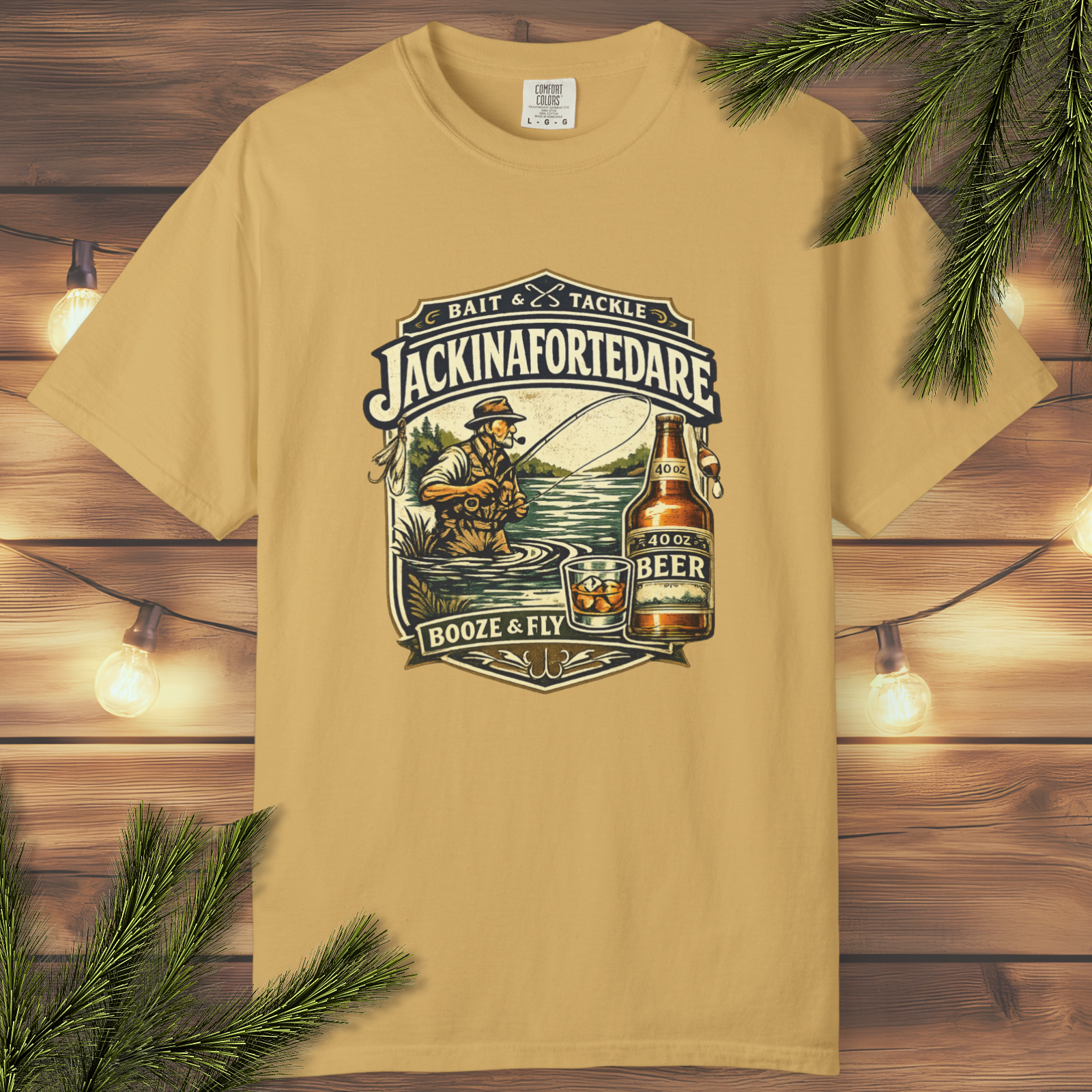 Mustard t-shirt with 'Jackinafortedare' beer graphic on a wooden background