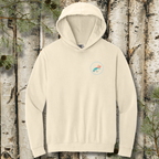Ivory hoodie with a logo on a background of birch trees