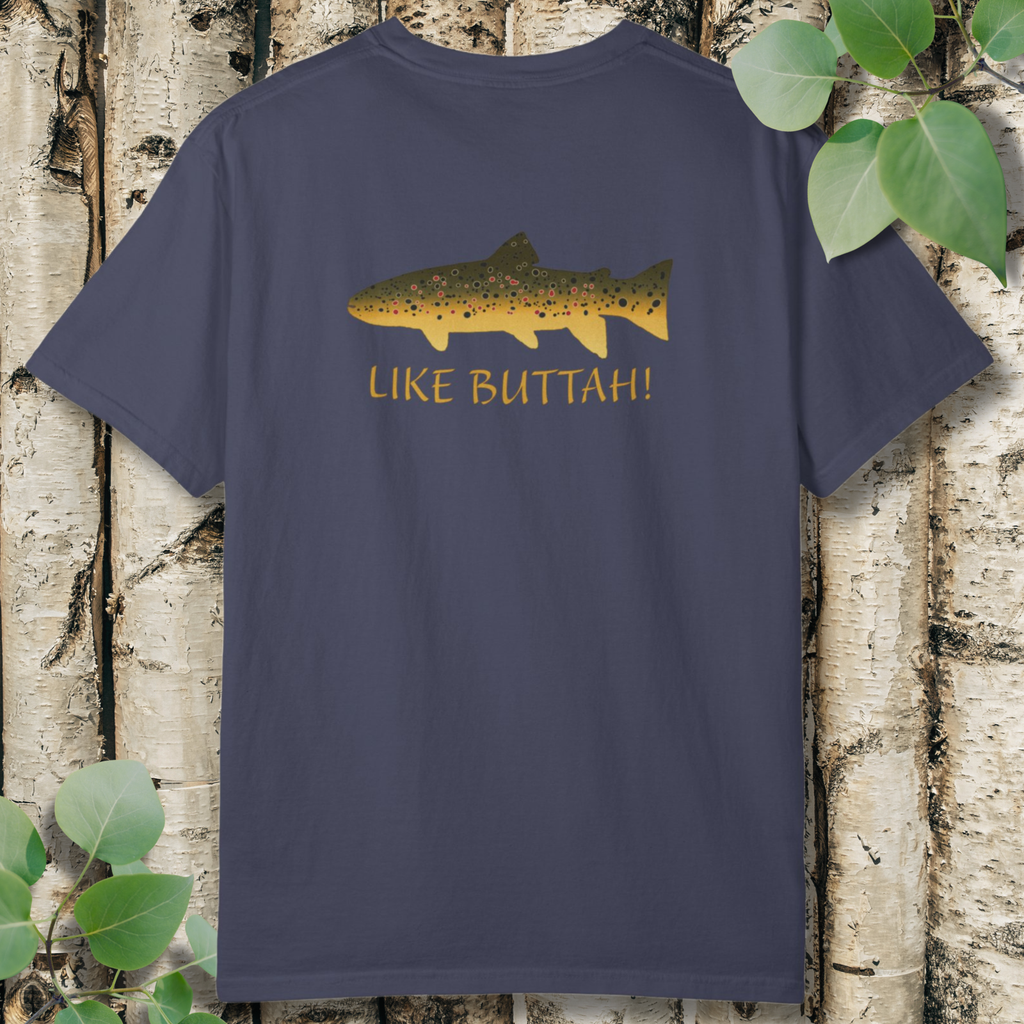Brown trout illustration with ‘Like Buttah’ text on denim colored fishing t-shirt