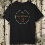 Black t-shirt with 'HOOK SETS ARE FREE' text on a wooden background