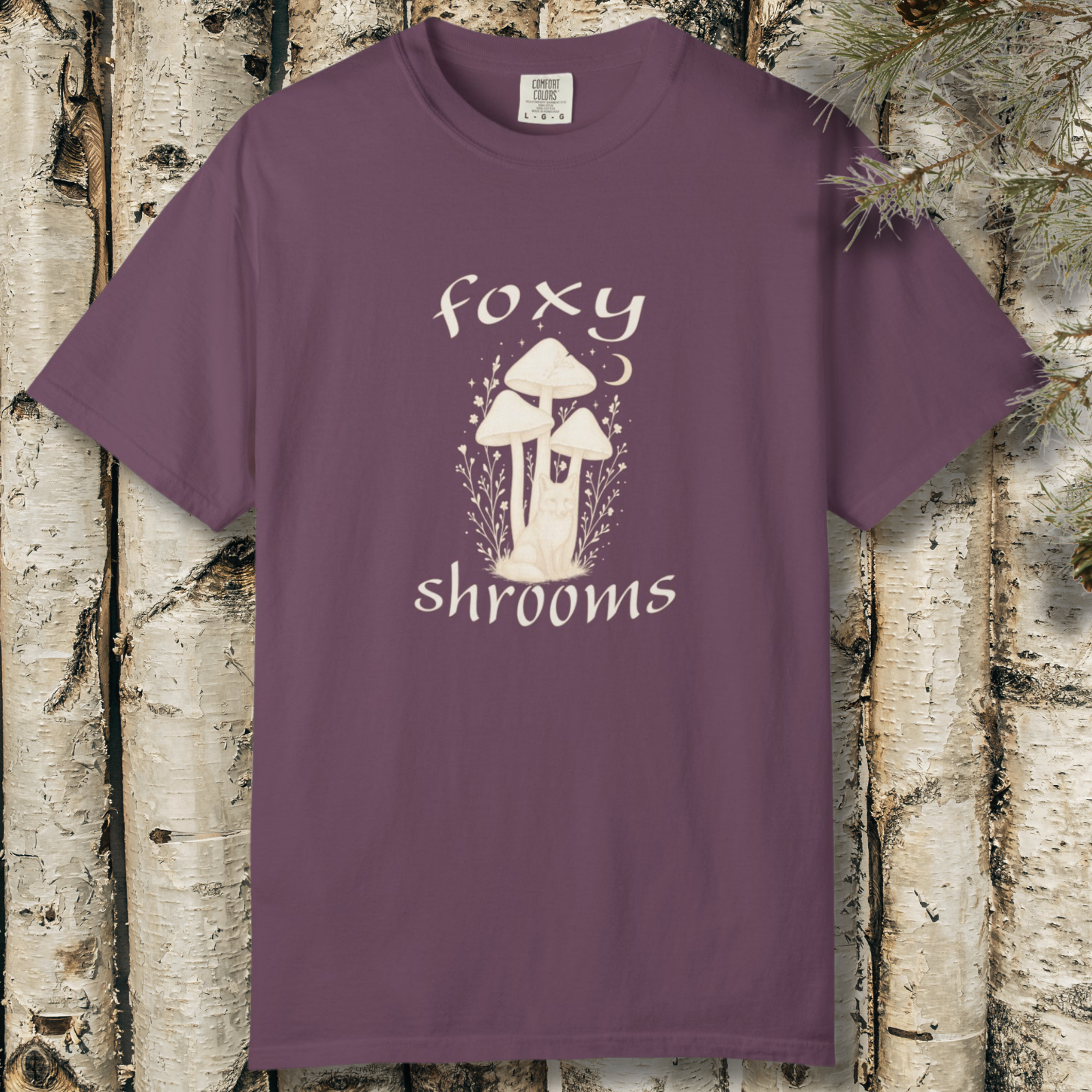 Hand-drawn fox with mushrooms and ‘foxy shrooms’ text on t-shirt