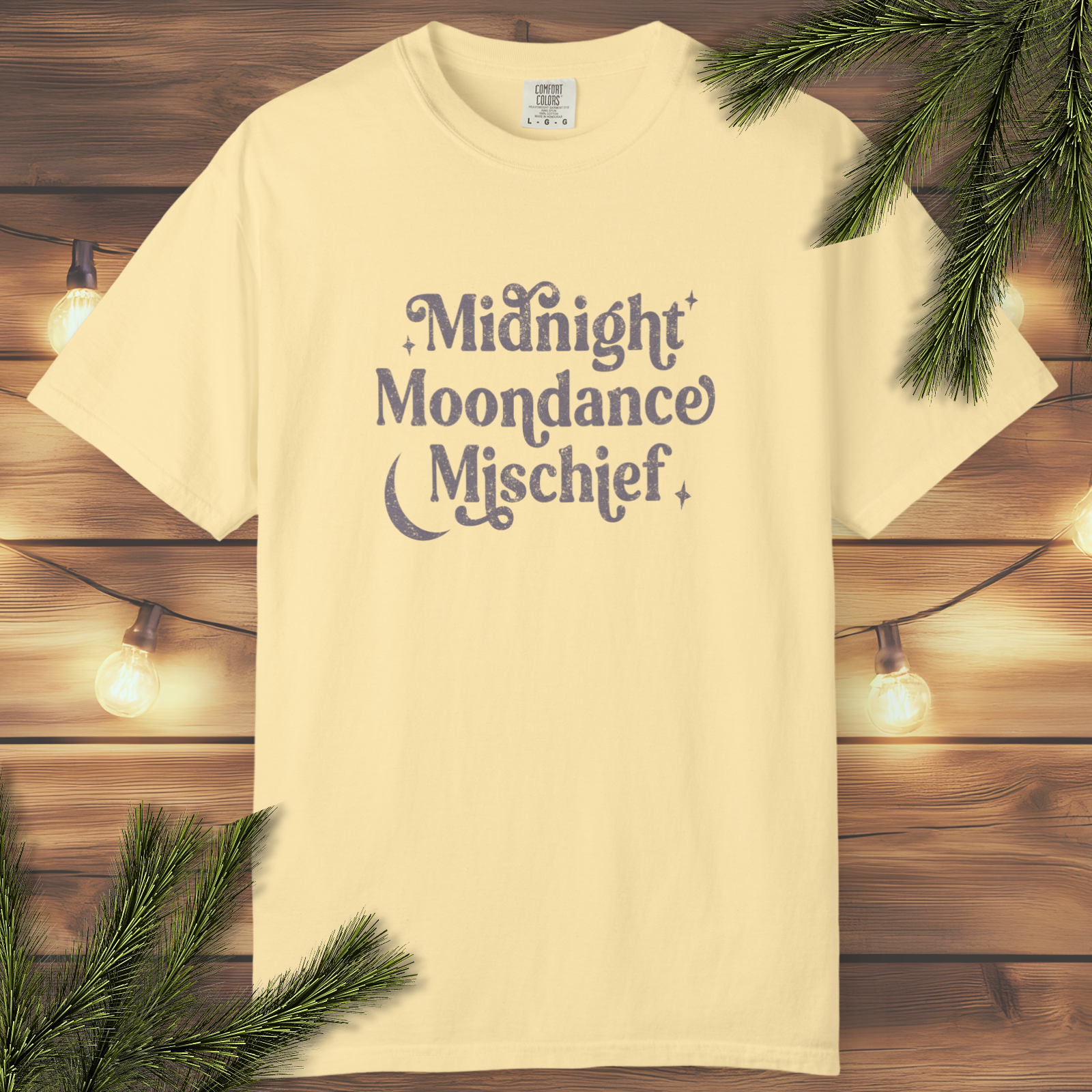Banana yellow t-shirt with vintage moon slogan graphic (midnight theme)