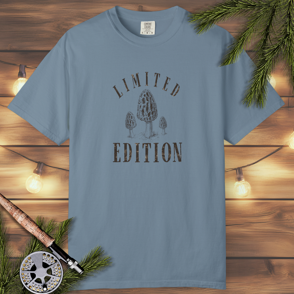Ice Blue garment-dyed t-shirt with Limited Edition morel mushroom forest graphic